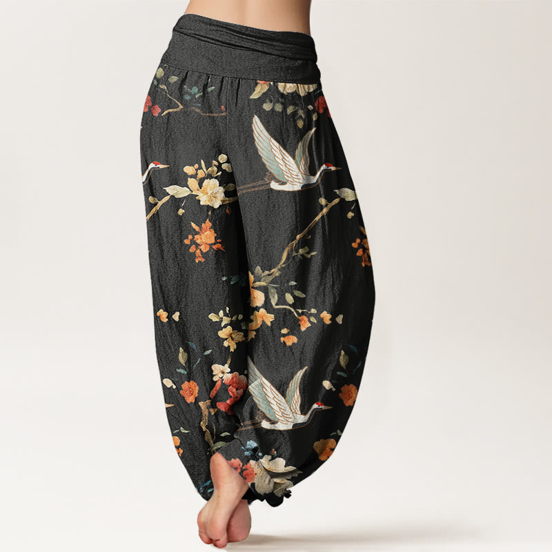 Pantaloni harem da donna con elastico in vita, modello casual con gru e fiori, motivo Buddha Stones - image 3