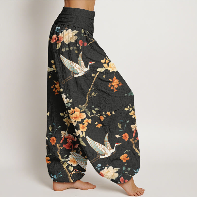 Pantaloni harem da donna con elastico in vita, modello casual con gru e fiori, motivo Buddha Stones - image 2