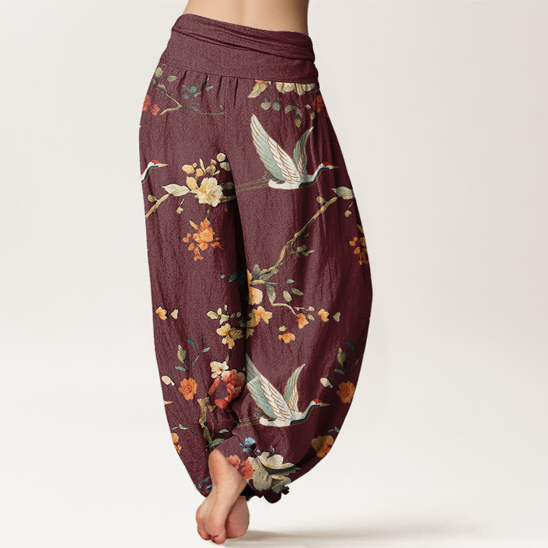 Pantaloni harem da donna con elastico in vita, modello casual con gru e fiori, motivo Buddha Stones - image 7