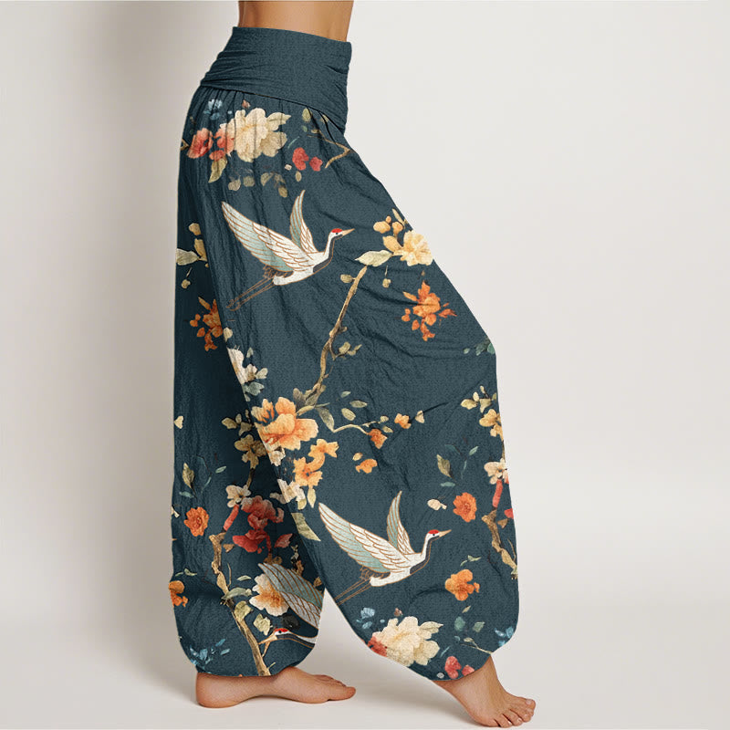 Pantaloni harem da donna con elastico in vita, modello casual con gru e fiori, motivo Buddha Stones - image 9