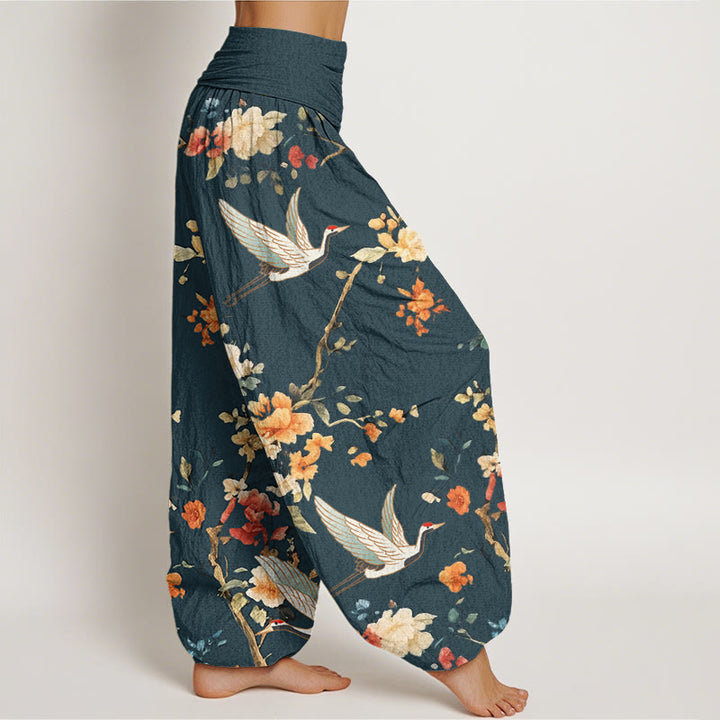Pantaloni harem da donna con elastico in vita, modello casual con gru e fiori, motivo Buddha Stones - image 9