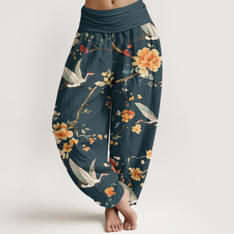 Pantaloni harem da donna con elastico in vita, modello casual con gru e fiori, motivo Buddha Stones - Verde acqua - US22, UK/AU26, EU54 (6XL) - image 8