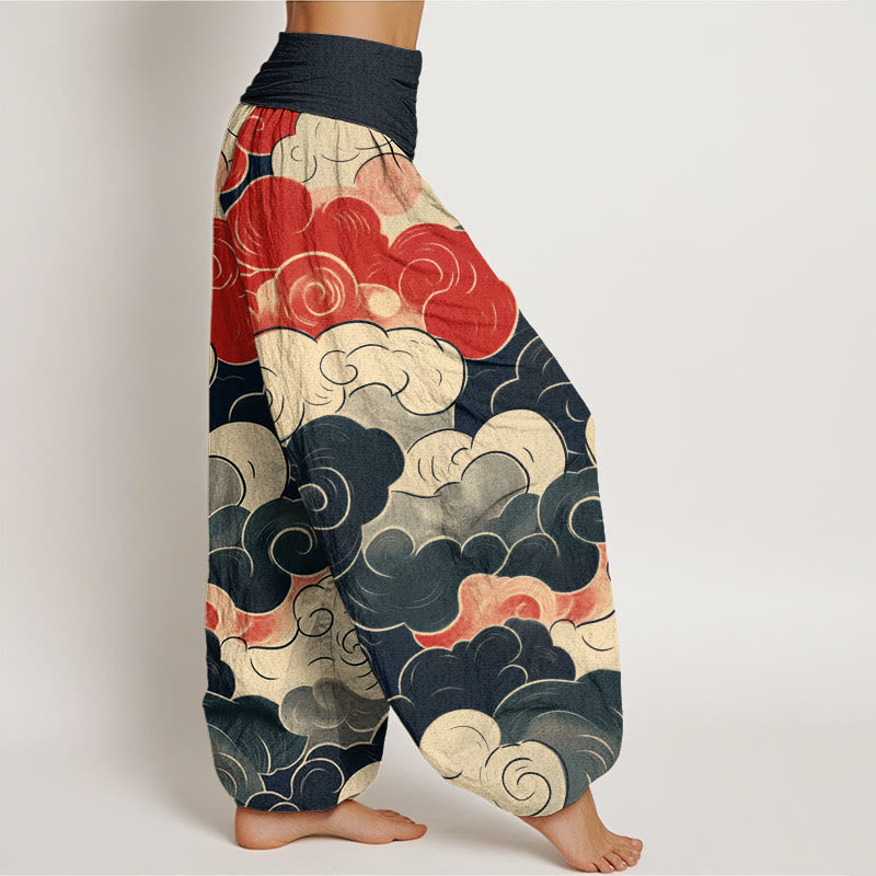 Pantaloni harem da donna con elastico in vita, modello casual con nuvole di buon auspicio Buddha Stones - image 1