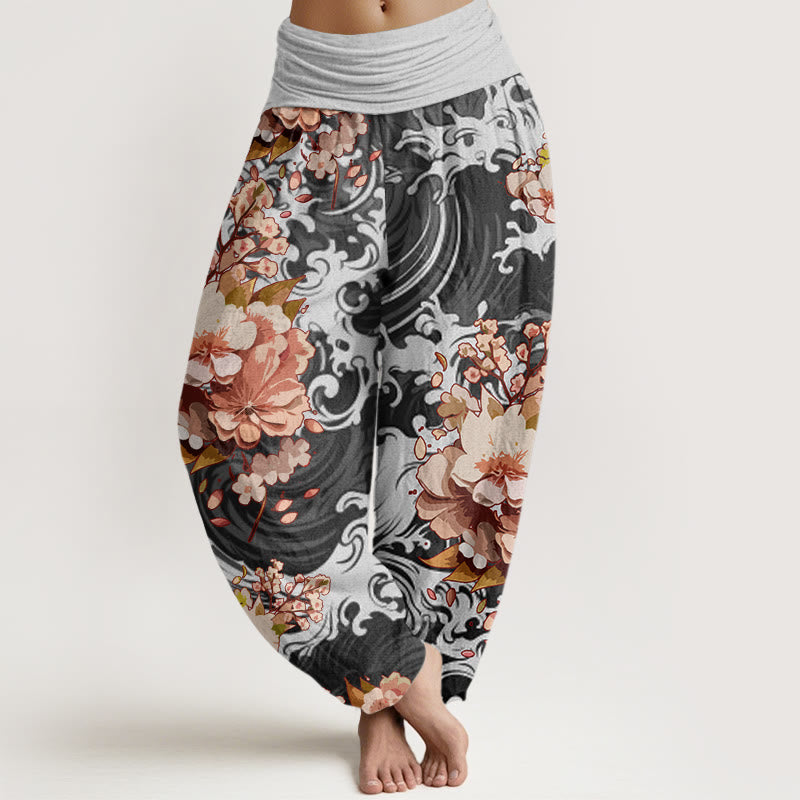 Pantaloni harem da donna con elastico in vita, motivo floreale e onde casual Buddha Stones - Grigio scuro - US22, UK/AU26, EU54 (6XL) - image 1