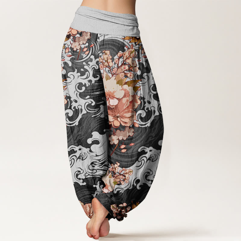 Pantaloni harem da donna con elastico in vita, motivo floreale e onde casual Buddha Stones - image 3
