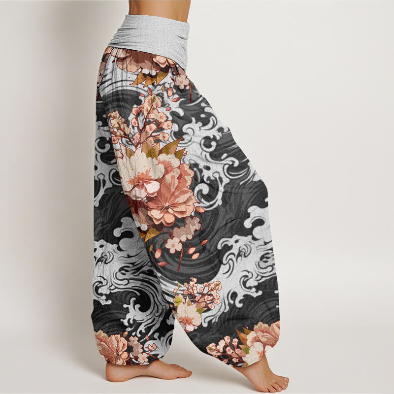Pantaloni harem da donna con elastico in vita, motivo floreale e onde in cotone casual Buddha Stones - image 1