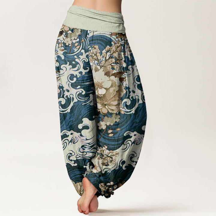 Pantaloni harem da donna con elastico in vita, motivo floreale e onde casual Buddha Stones - image 7