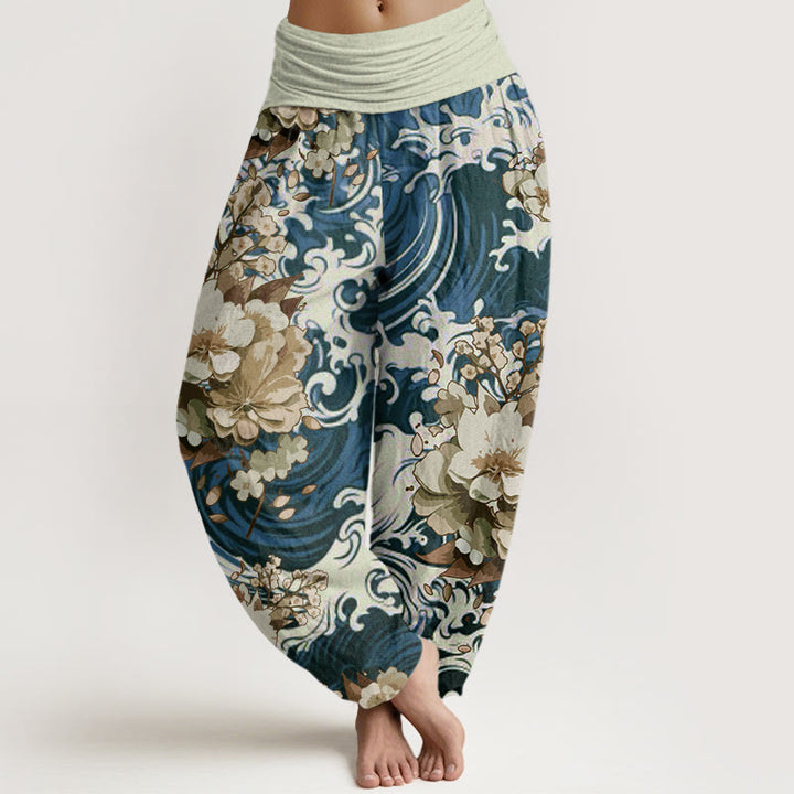 Pantaloni harem da donna con elastico in vita, motivo floreale e onde in cotone casual Buddha Stones - SteelBlue - US22, UK/AU26, EU54 (6XL) - image 4