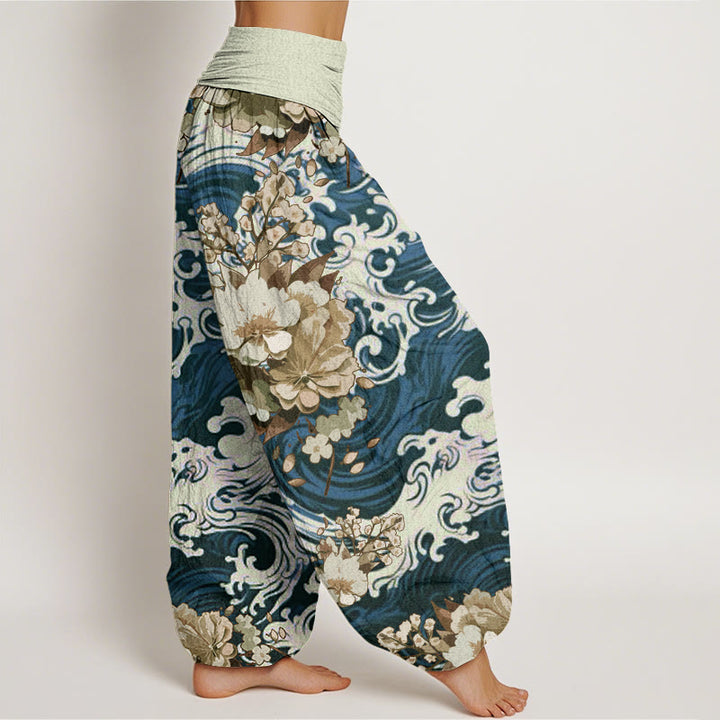 Pantaloni harem da donna con elastico in vita, motivo floreale e onde casual Buddha Stones - image 6