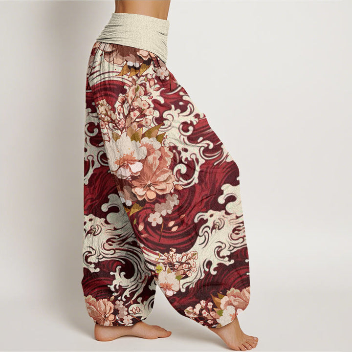 Pantaloni harem da donna con elastico in vita, motivo floreale e onde in cotone casual Buddha Stones - image 8