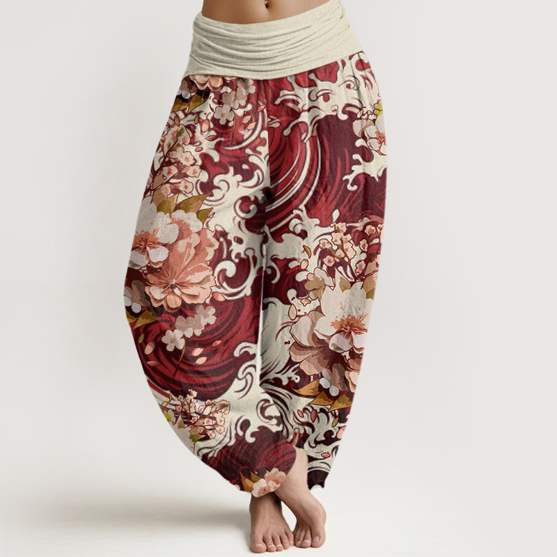 Pantaloni harem da donna con elastico in vita, motivo floreale e onde in cotone casual Buddha Stones - Marrone - US22, UK/AU26, EU54 (6XL) - image 7