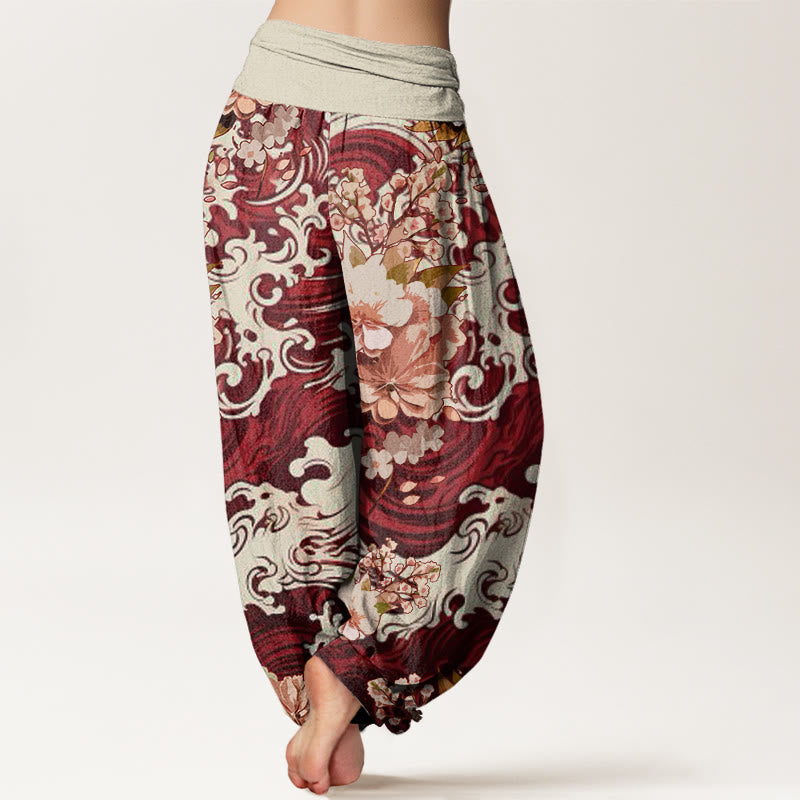 Pantaloni harem da donna con elastico in vita, motivo floreale e onde casual Buddha Stones - image 10
