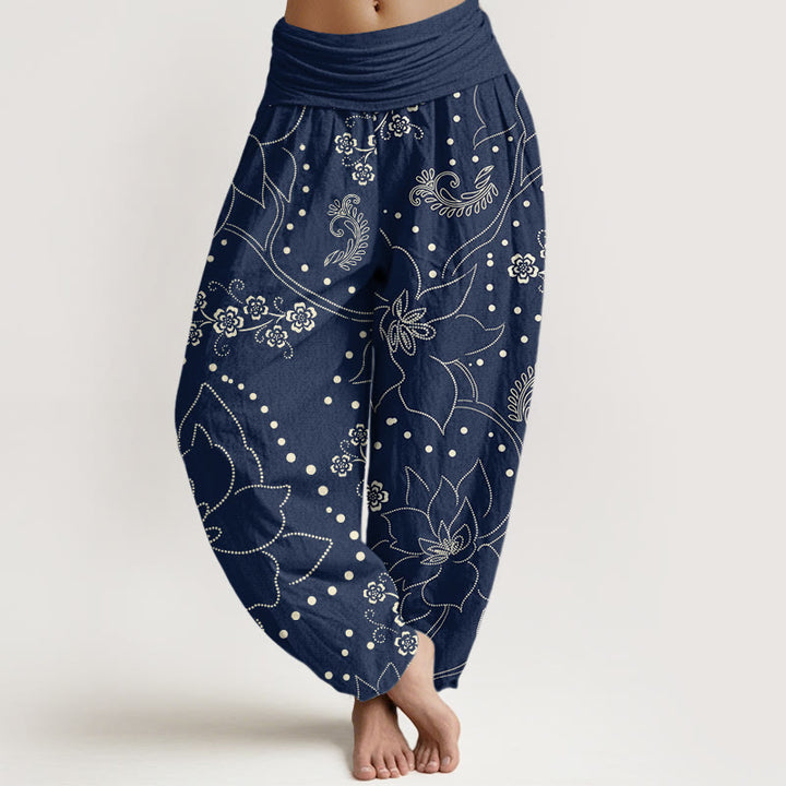 Pantaloni harem da donna con elastico in vita e motivo a foglie grandi e fiori di Buddha Stones - Marina - US22, UK/AU26, EU54 (6XL) - image 1