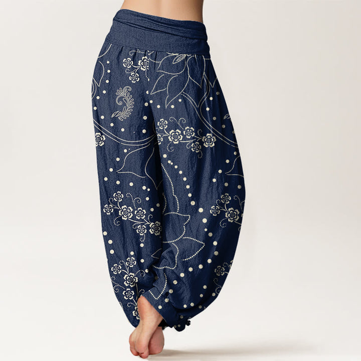 Pantaloni harem da donna con elastico in vita e motivo a foglie grandi e fiori di Buddha Stones - image 3