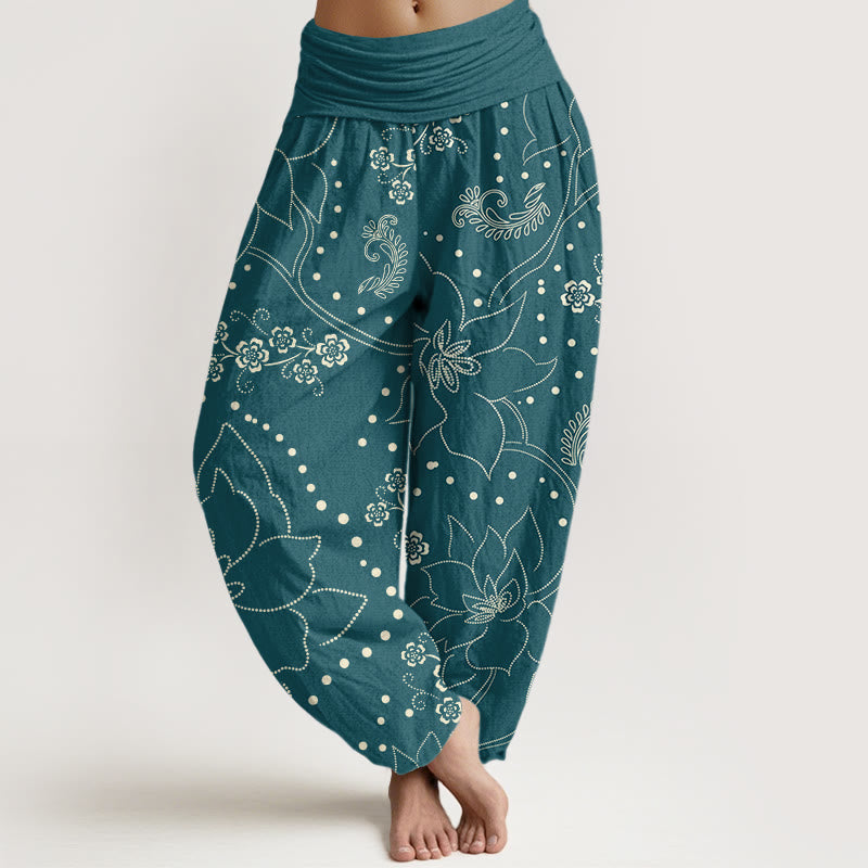 Pantaloni harem da donna con elastico in vita e motivo a foglie grandi e fiori di Buddha Stones - Verde acqua - US22, UK/AU26, EU54 (6XL) - image 5