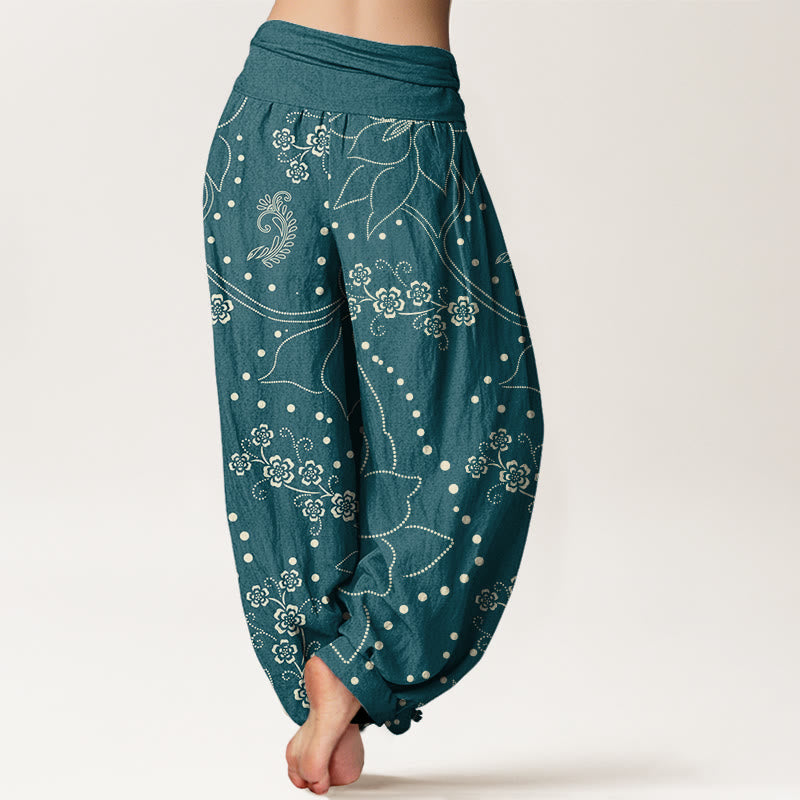 Pantaloni harem da donna con elastico in vita e motivo a foglie grandi e fiori di Buddha Stones - image 7