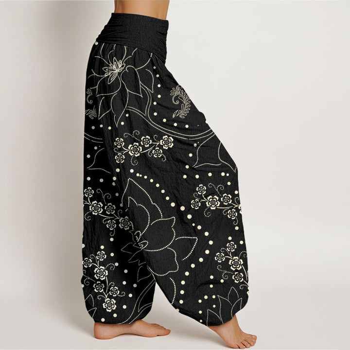 Pantaloni harem da donna con elastico in vita e motivo a foglie grandi e fiori di Buddha Stones - image 9