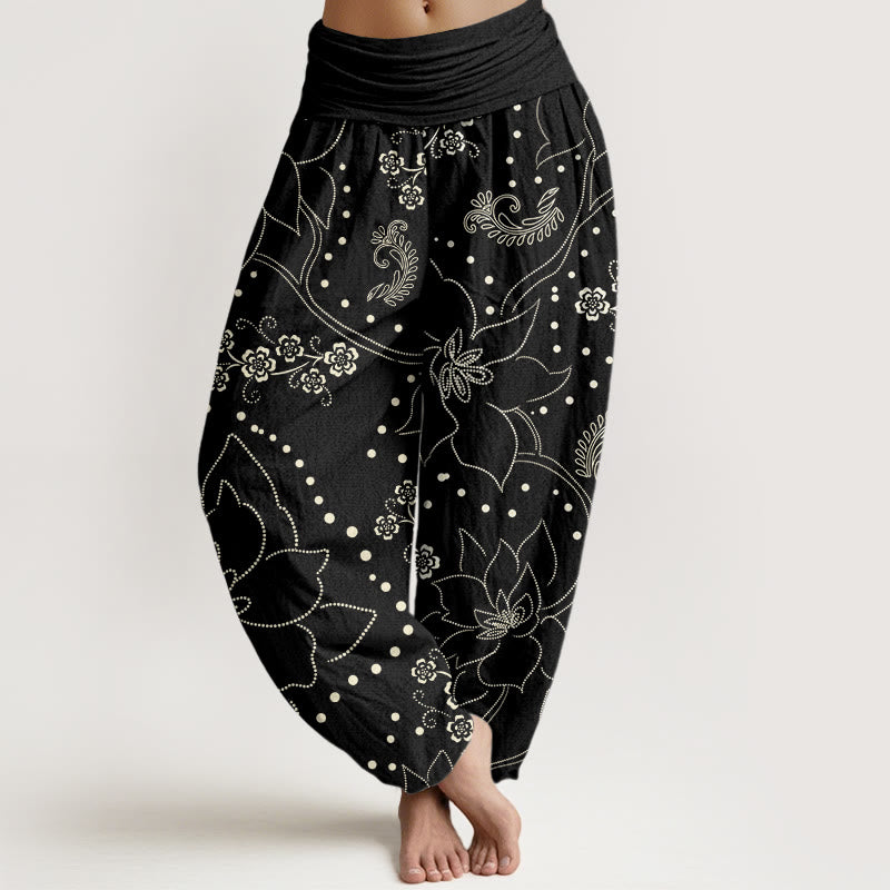 Pantaloni harem da donna con elastico in vita e motivo a foglie grandi e fiori di Buddha Stones - Nero - US22, UK/AU26, EU54 (6XL) - image 8