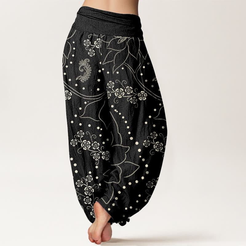 Pantaloni harem da donna con elastico in vita e motivo a foglie grandi e fiori di Buddha Stones - image 10