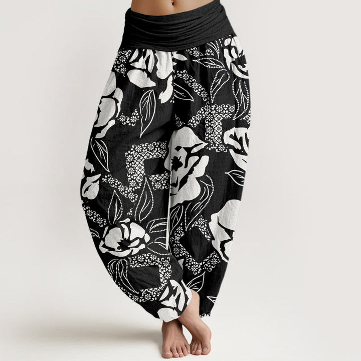 Pantaloni harem da donna con elastico in vita, casual, semplici e floreali, motivo a foglie di Buddha Stones - Nero - US22, UK/AU26, EU54 (6XL) - image 1