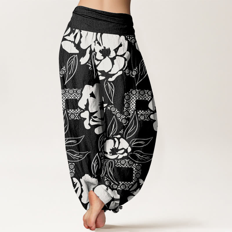 Pantaloni harem da donna con elastico in vita, casual, semplici e floreali, motivo a foglie di Buddha Stones - image 3