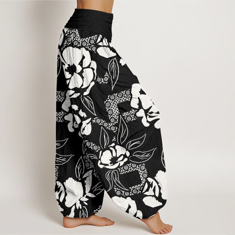Pantaloni harem da donna con elastico in vita, casual, semplici e floreali, motivo a foglie di Buddha Stones - image 2
