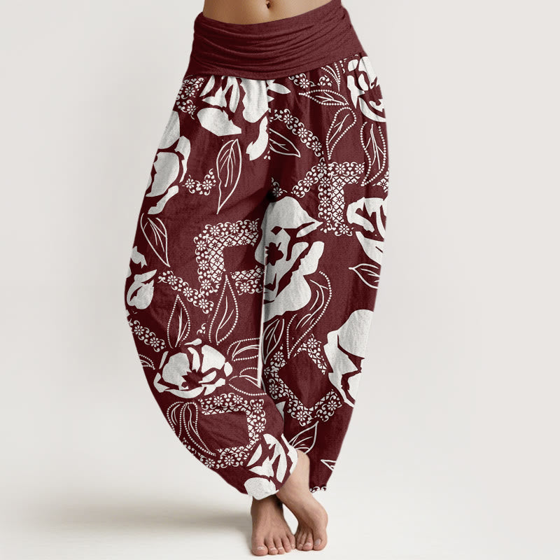 Pantaloni harem da donna con elastico in vita, casual, semplici e floreali, motivo a foglie di Buddha Stones - Marrone - US22, UK/AU26, EU54 (6XL) - image 5