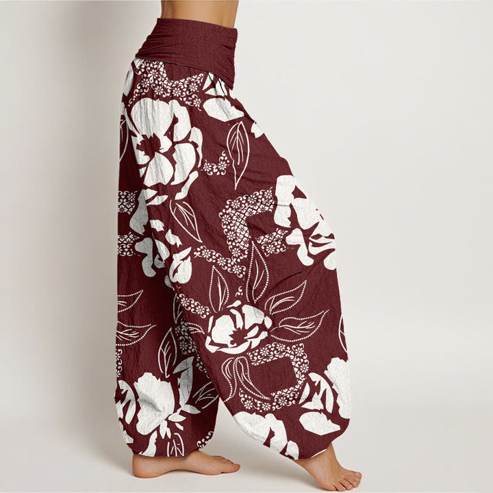 Pantaloni harem da donna con elastico in vita, casual, semplici e floreali, motivo a foglie di Buddha Stones - image 6