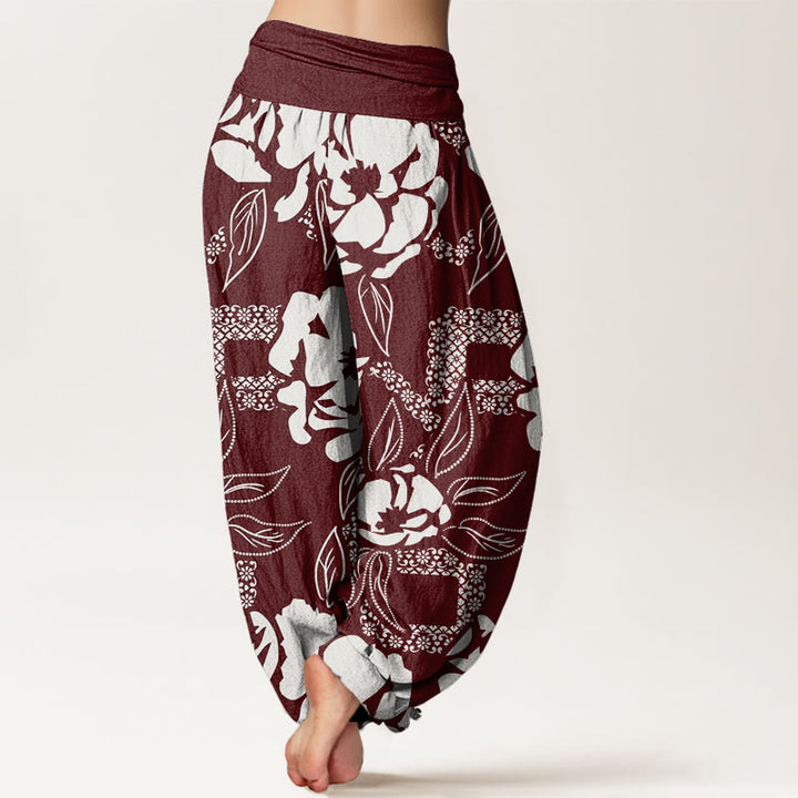 Pantaloni harem da donna con elastico in vita, casual, semplici e floreali, motivo a foglie di Buddha Stones - image 7