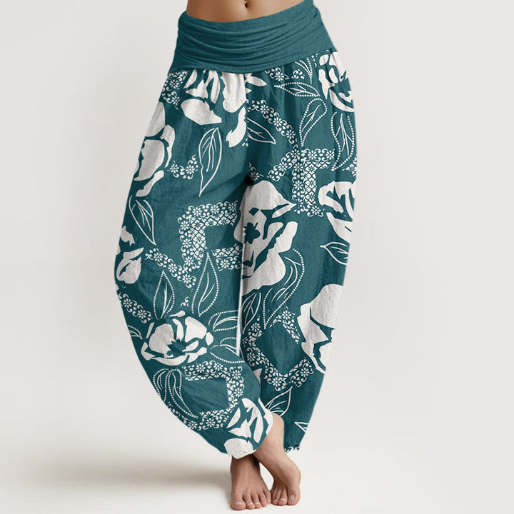 Pantaloni harem da donna con elastico in vita, casual, semplici e floreali, motivo a foglie di Buddha Stones - Verde acqua - US22, UK/AU26, EU54 (6XL) - image 8