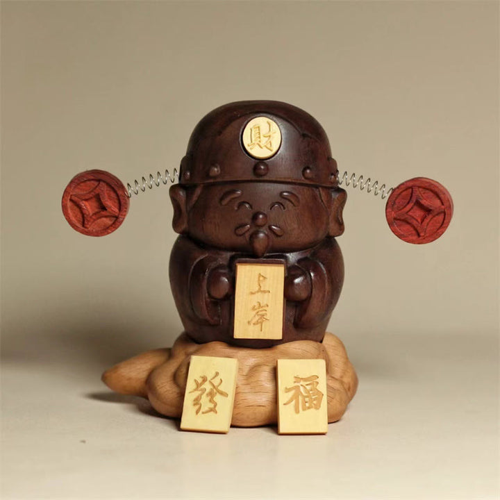 Buddha Stones Dio della Ricchezza Caishen Statua in Noce Nero e Faggio Carattere Fu Monete di Rame Decorazione per la Casa
