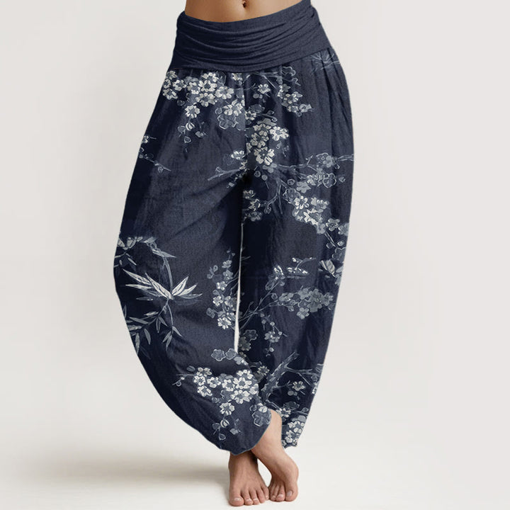 Pantaloni harem da donna con elastico in vita, in puro cotone, con motivo floreale Sakura bianco, motivo Buddha Stones