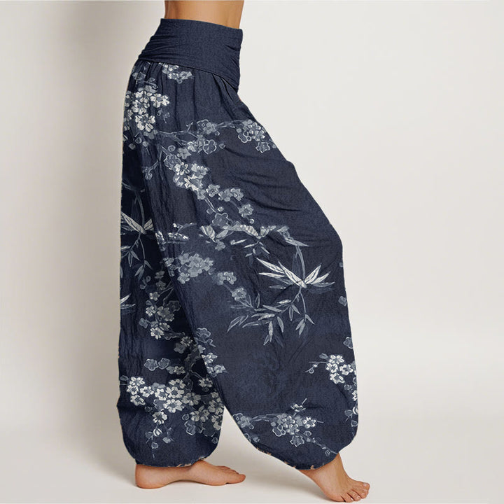 Pantaloni harem da donna con elastico in vita, in puro cotone, con motivo floreale Sakura bianco, motivo Buddha Stones