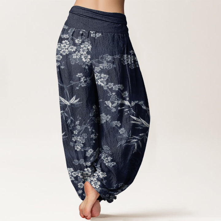 Pantaloni harem da donna con elastico in vita, in puro cotone, con motivo floreale Sakura bianco, motivo Buddha Stones