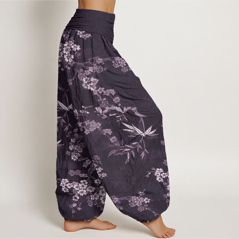 Pantaloni harem da donna con elastico in vita, in puro cotone, con motivo floreale Sakura bianco, motivo Buddha Stones