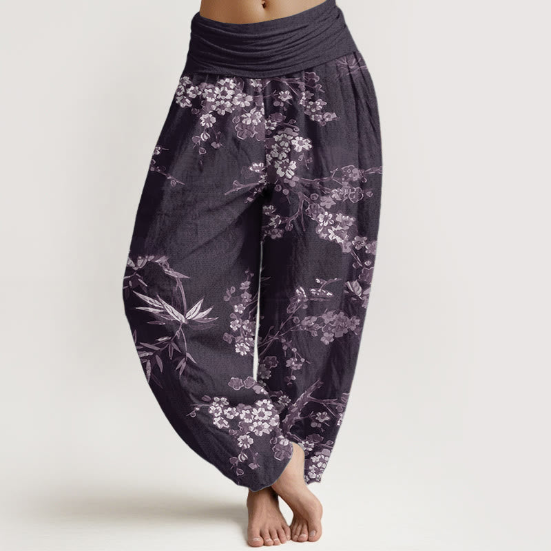 Pantaloni harem da donna con elastico in vita, in puro cotone, con motivo floreale Sakura bianco, motivo Buddha Stones