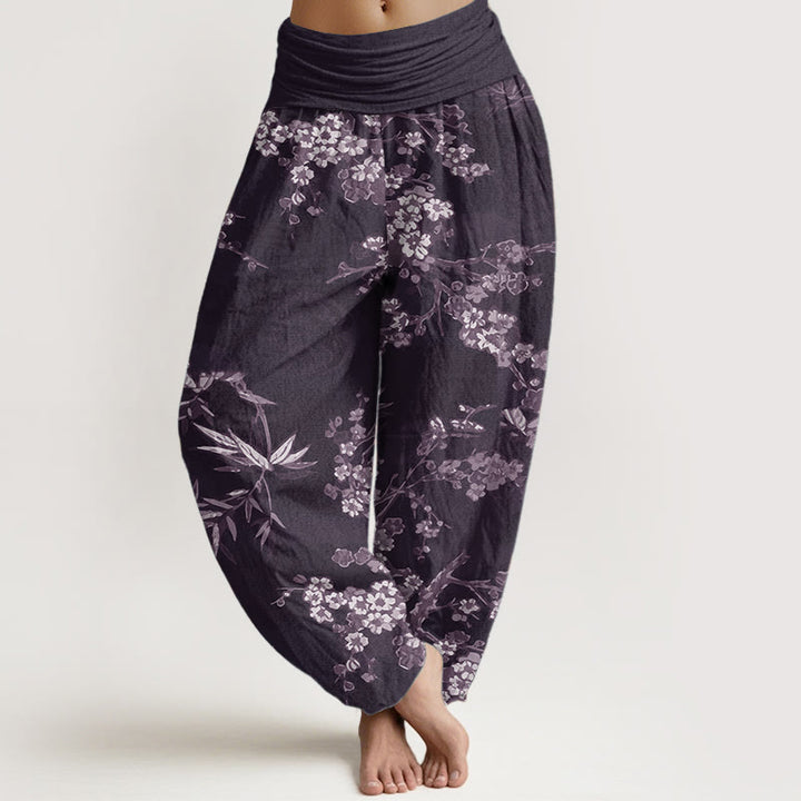 Pantaloni harem da donna con elastico in vita, in puro cotone, con motivo floreale Sakura bianco, motivo Buddha Stones