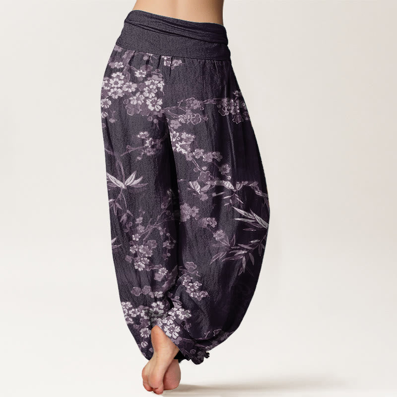 Pantaloni harem da donna con elastico in vita, in puro cotone, con motivo floreale Sakura bianco, motivo Buddha Stones