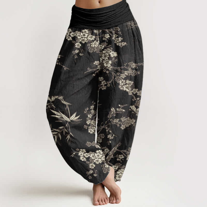 Pantaloni harem da donna con elastico in vita, in puro cotone, con motivo floreale Sakura bianco, motivo Buddha Stones