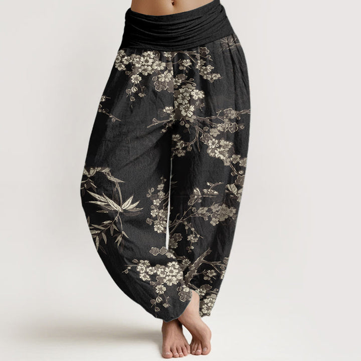 Pantaloni harem da donna con elastico in vita, in puro cotone, con motivo floreale Sakura bianco, motivo Buddha Stones