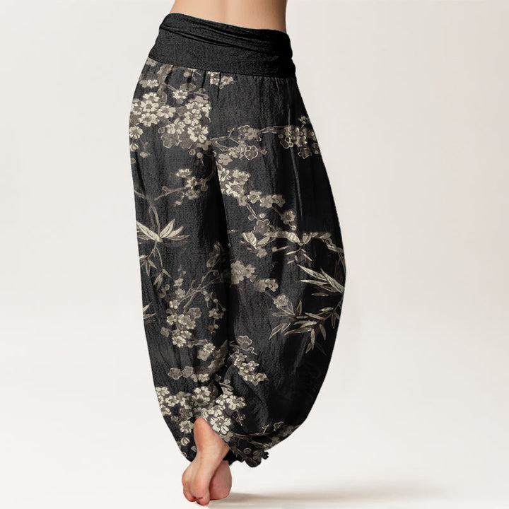 Pantaloni harem da donna con elastico in vita, in puro cotone, con motivo floreale Sakura bianco, motivo Buddha Stones