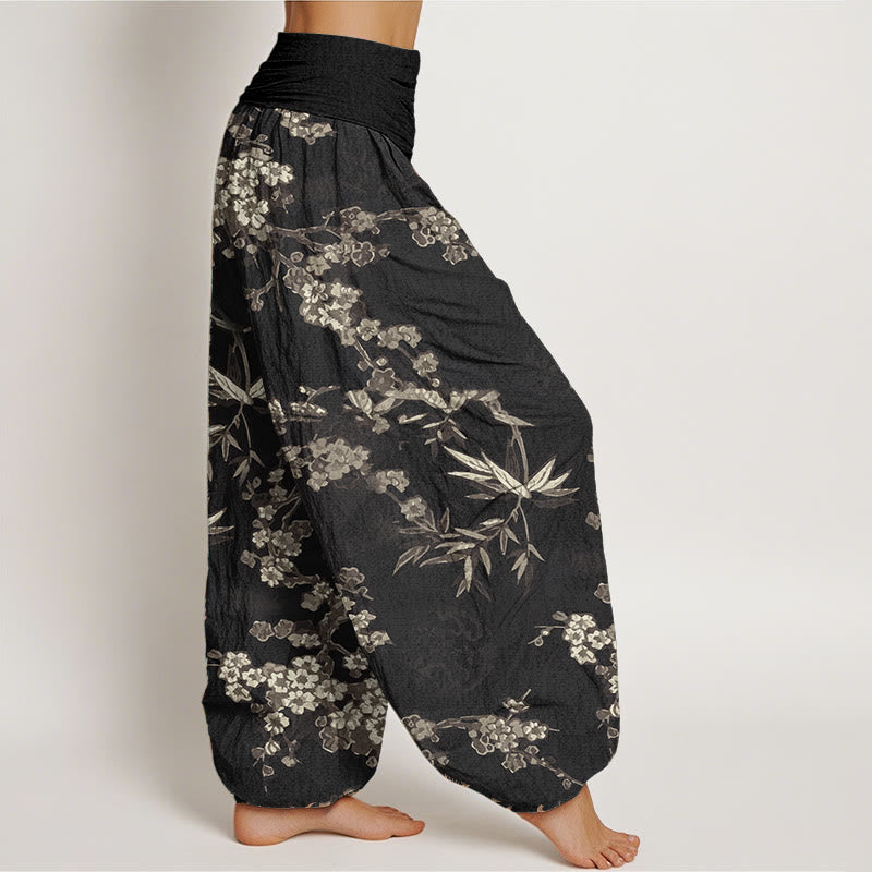 Pantaloni harem da donna con elastico in vita, in puro cotone, con motivo floreale Sakura bianco, motivo Buddha Stones