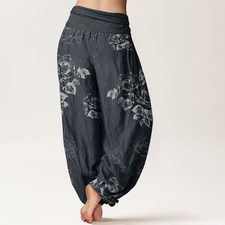Pantaloni harem da donna con elastico in vita, in puro cotone, casual, con fiori di rosa e peonia, motivo Buddha Stones