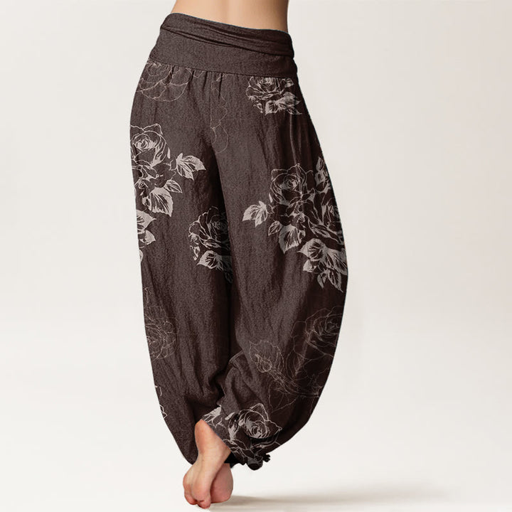Pantaloni harem da donna con elastico in vita, in puro cotone, casual, con fiori di rosa e peonia, motivo Buddha Stones