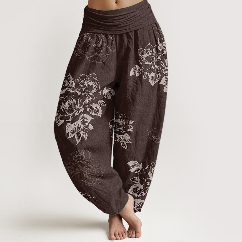 Pantaloni harem da donna con elastico in vita, in puro cotone, casual, con fiori di rosa e peonia, motivo Buddha Stones