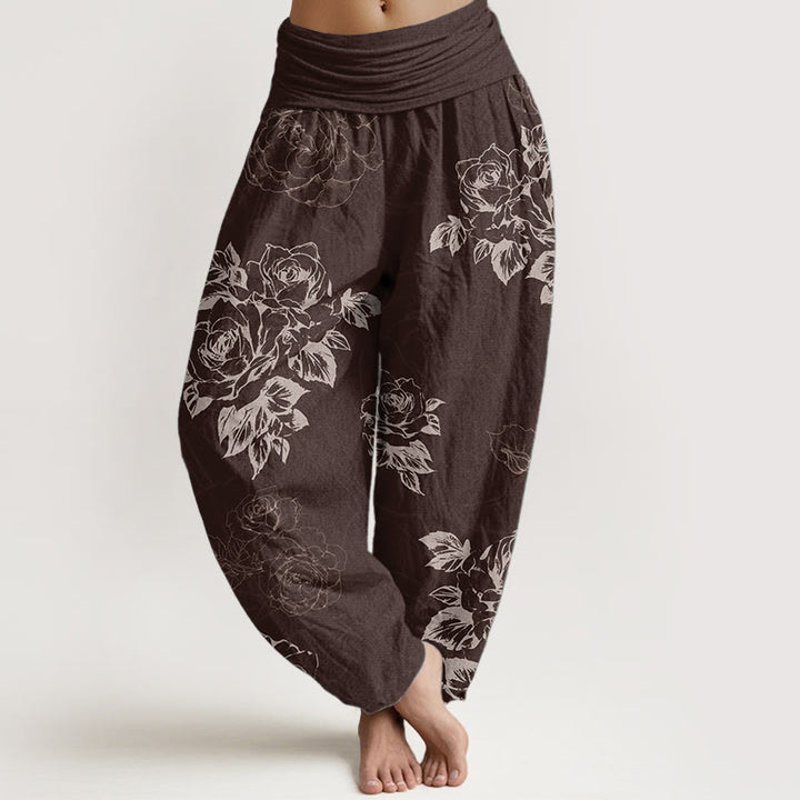 Pantaloni harem da donna con elastico in vita, in puro cotone, casual, con fiori di rosa e peonia, motivo Buddha Stones