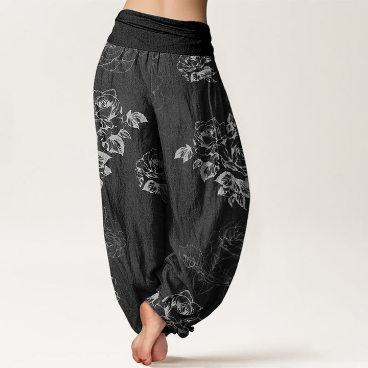 Pantaloni harem da donna con elastico in vita, in puro cotone, casual, con fiori di rosa e peonia, motivo Buddha Stones