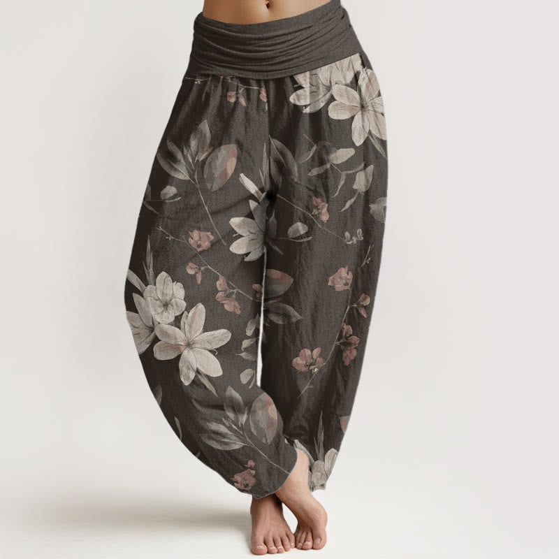 Pantaloni harem da donna in puro cotone con elastico in vita e motivo floreale, stile casual, motivo Buddha Stones