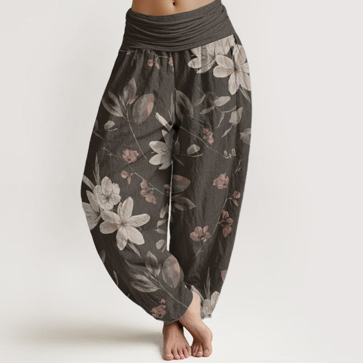 Pantaloni harem da donna in puro cotone con elastico in vita e motivo floreale, stile casual, motivo Buddha Stones