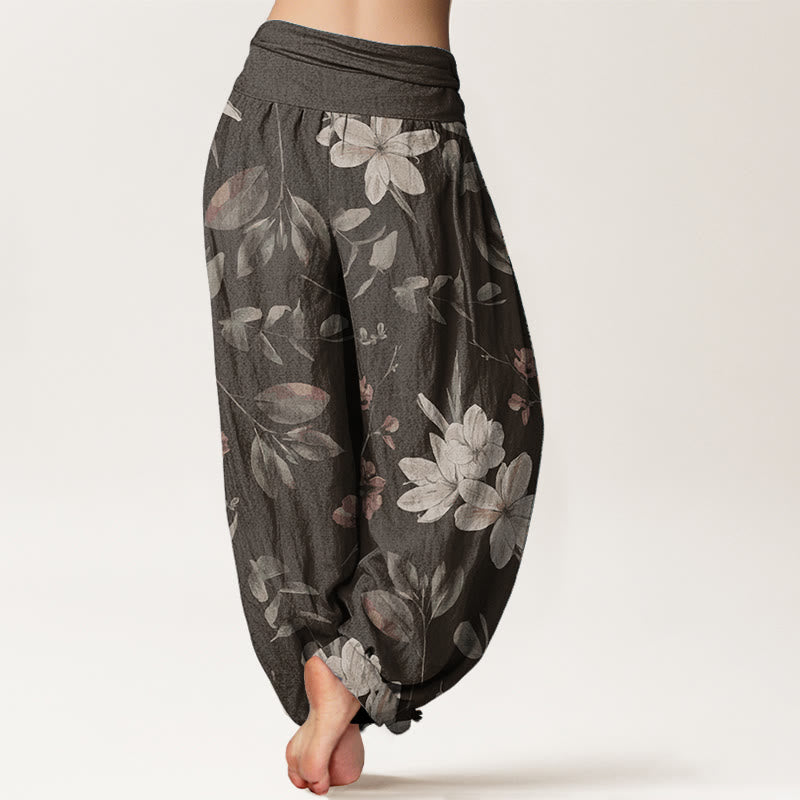 Pantaloni harem da donna in puro cotone con elastico in vita e motivo floreale, stile casual, motivo Buddha Stones